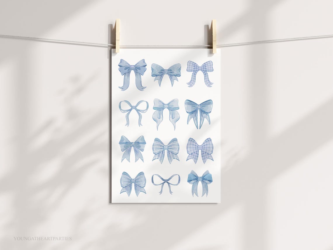 Blue Watercolor Bow Grid Coquette Nursery Decorative Art Poster - Image 3