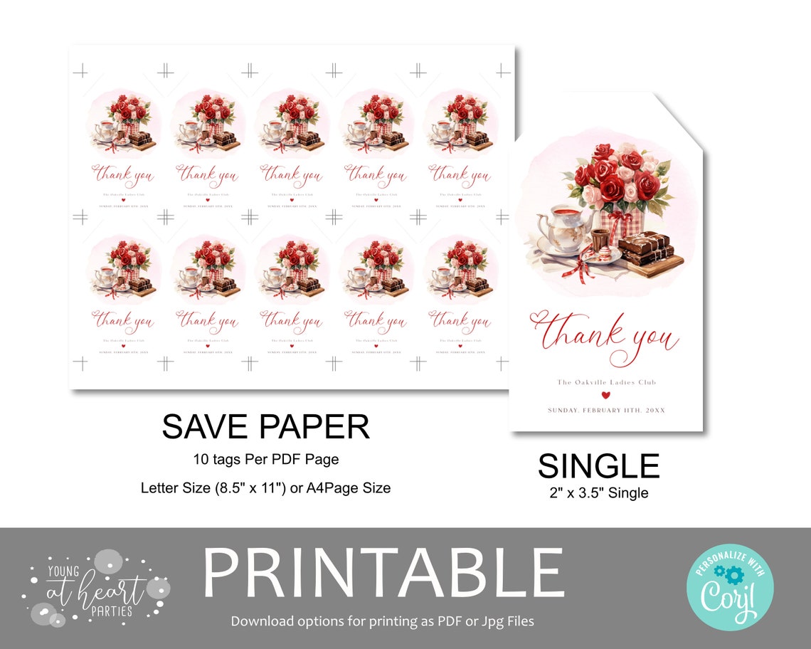 Valentines Day Themed Tea Party Thank You Tag Galentines Day Tea Party Favor Tag Ladies Tea Party Favor Tag Template Red Pink Tea Party Vt1 - Image 2