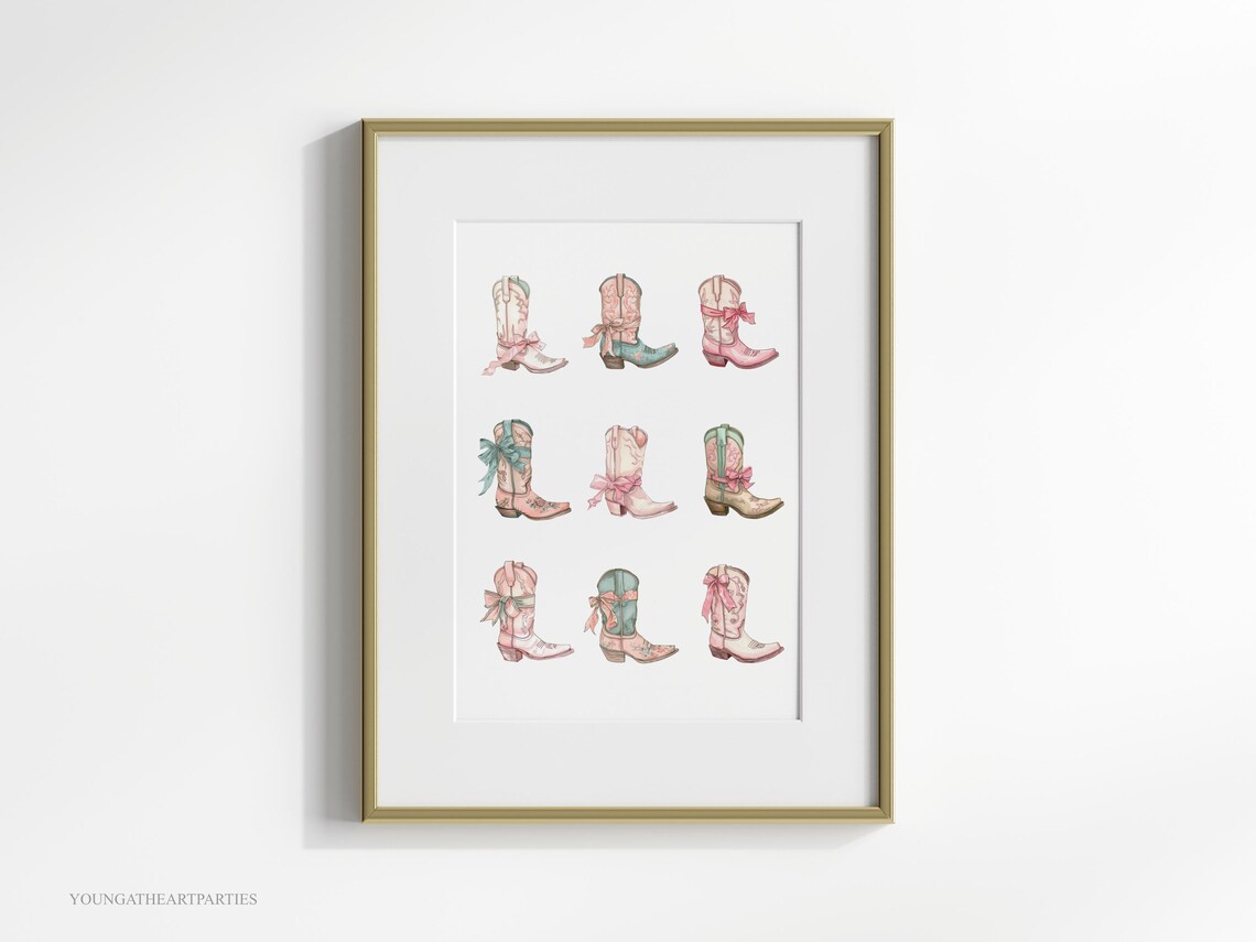 Pastel Cowgirl Boots Watercolor Bows Western Bedroom Wall Art - Image 3