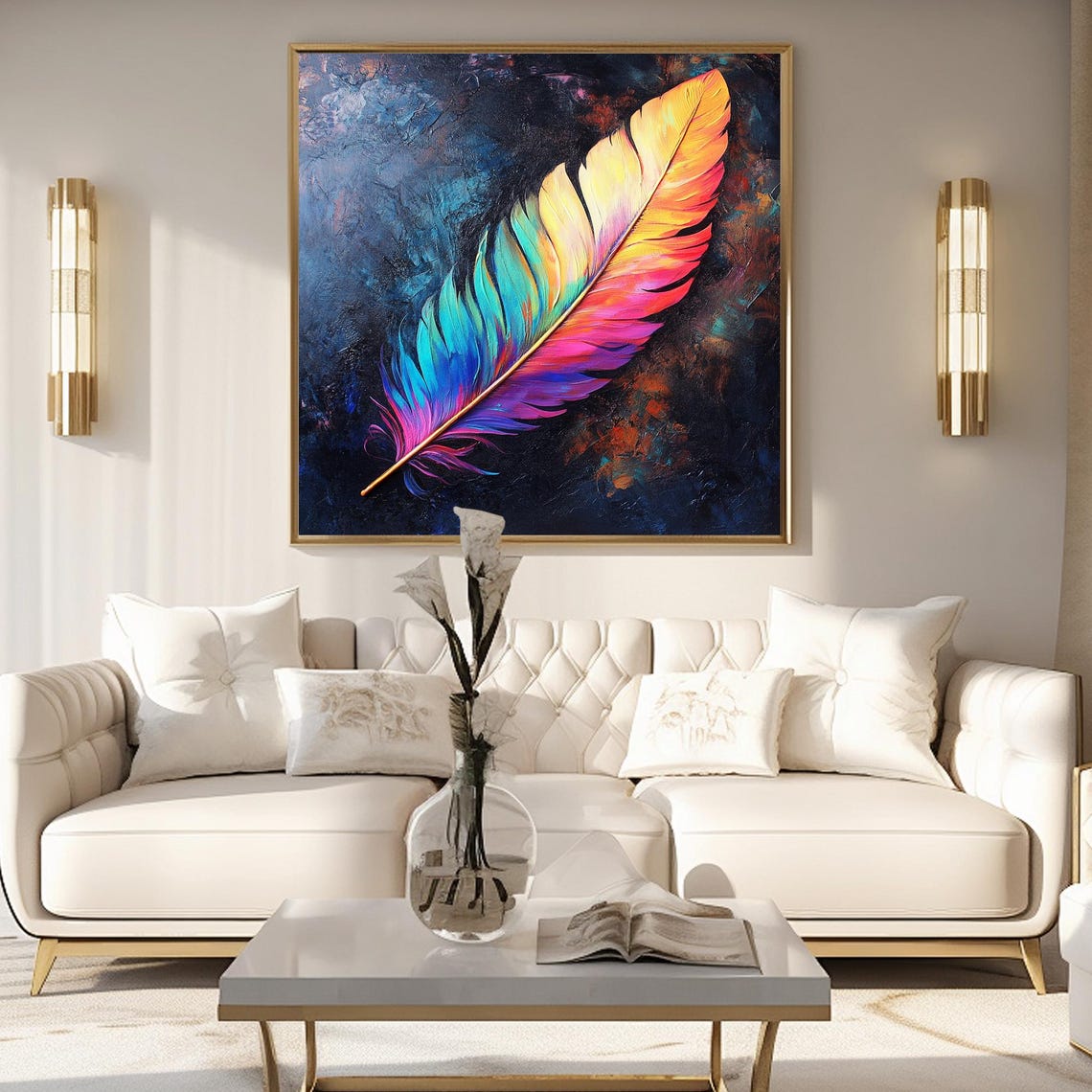 Vivid Rainbow Feather on Dark Navy Background Abstract Poster - Image 2