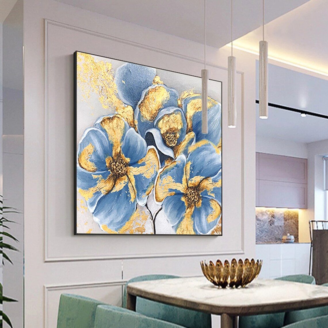 Blue Flowers Gold Foil Accents Square Floral Oil Painting Poster - Image 6