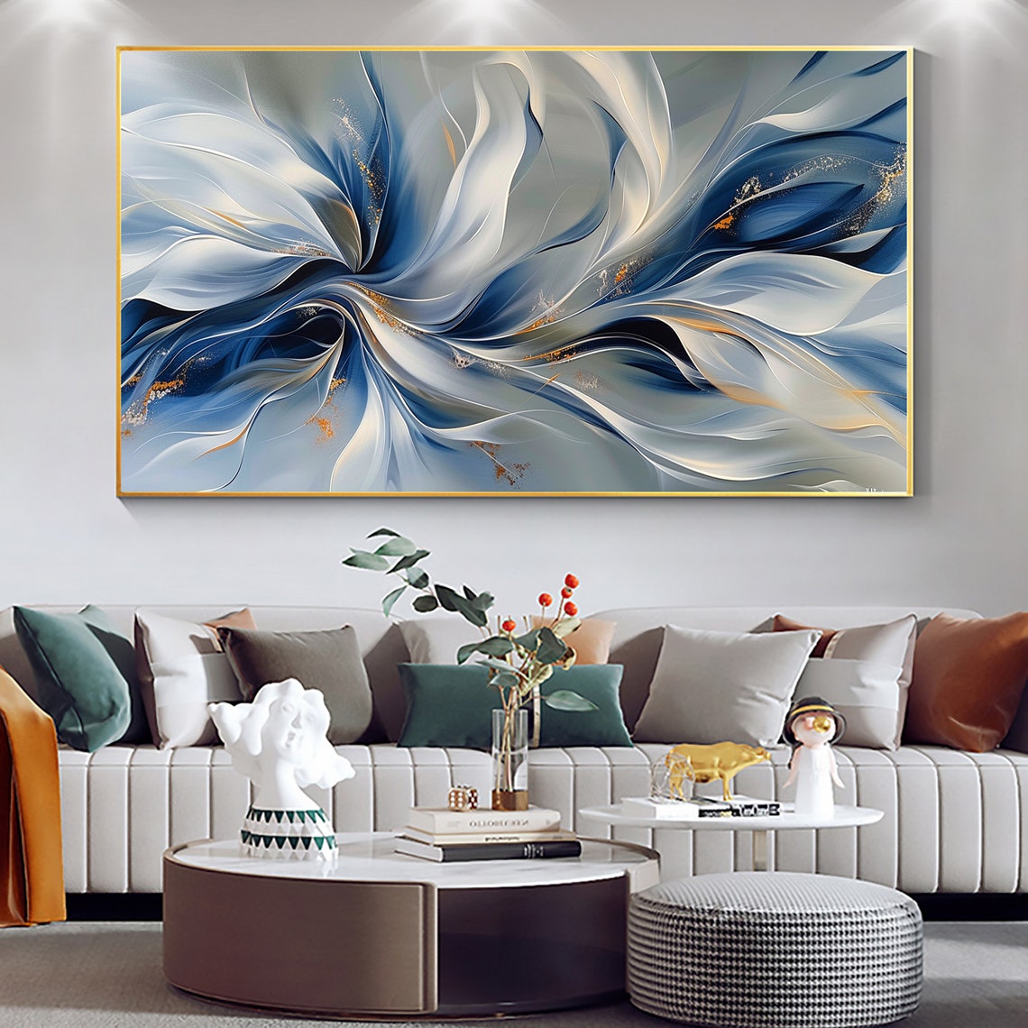 Blue White Silk Flow Gold Accents Abstract Flowing Painting Poster - Image 3