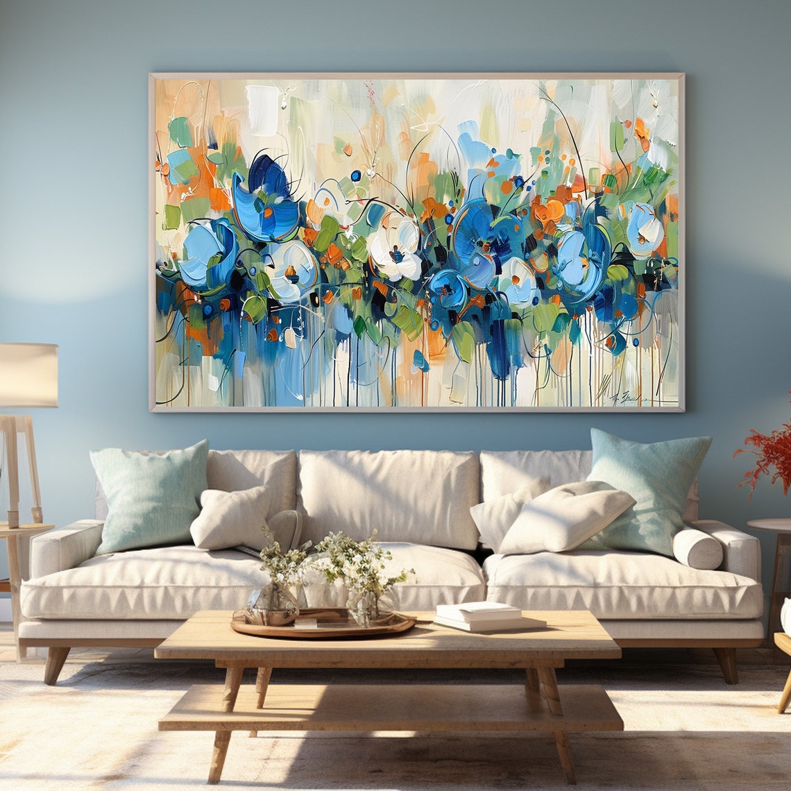 Blue Floral Blooms Orange Accents Loose Abstract Painting Poster - Image 3