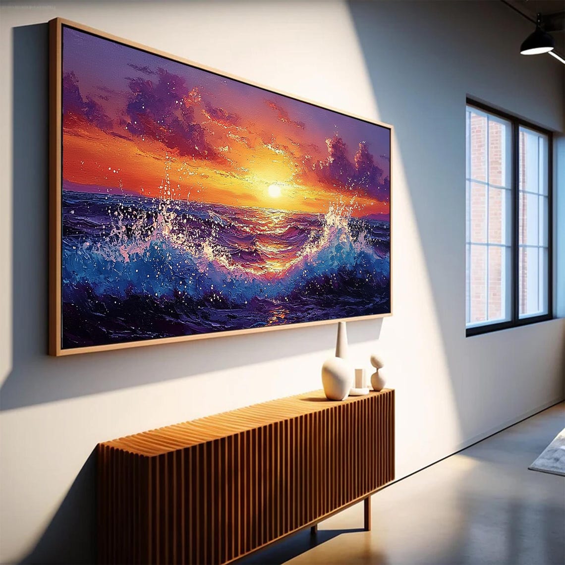 Purple Wave Sunset Seascape with Fiery Orange Sky Oil Poster - Image 2