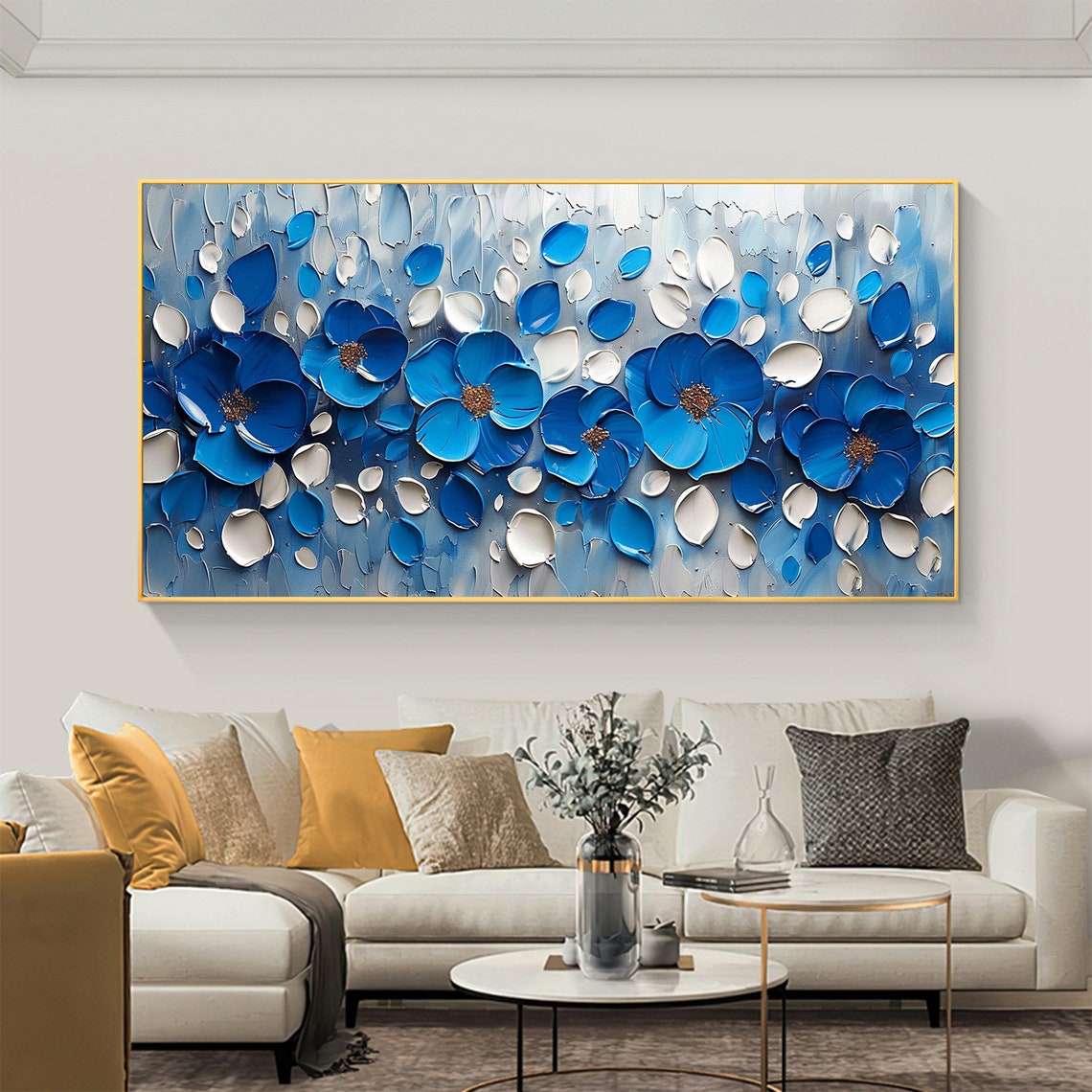 Blue Blossoms with Gold Centers on Textured Aqua Canvas Poster - Image 4