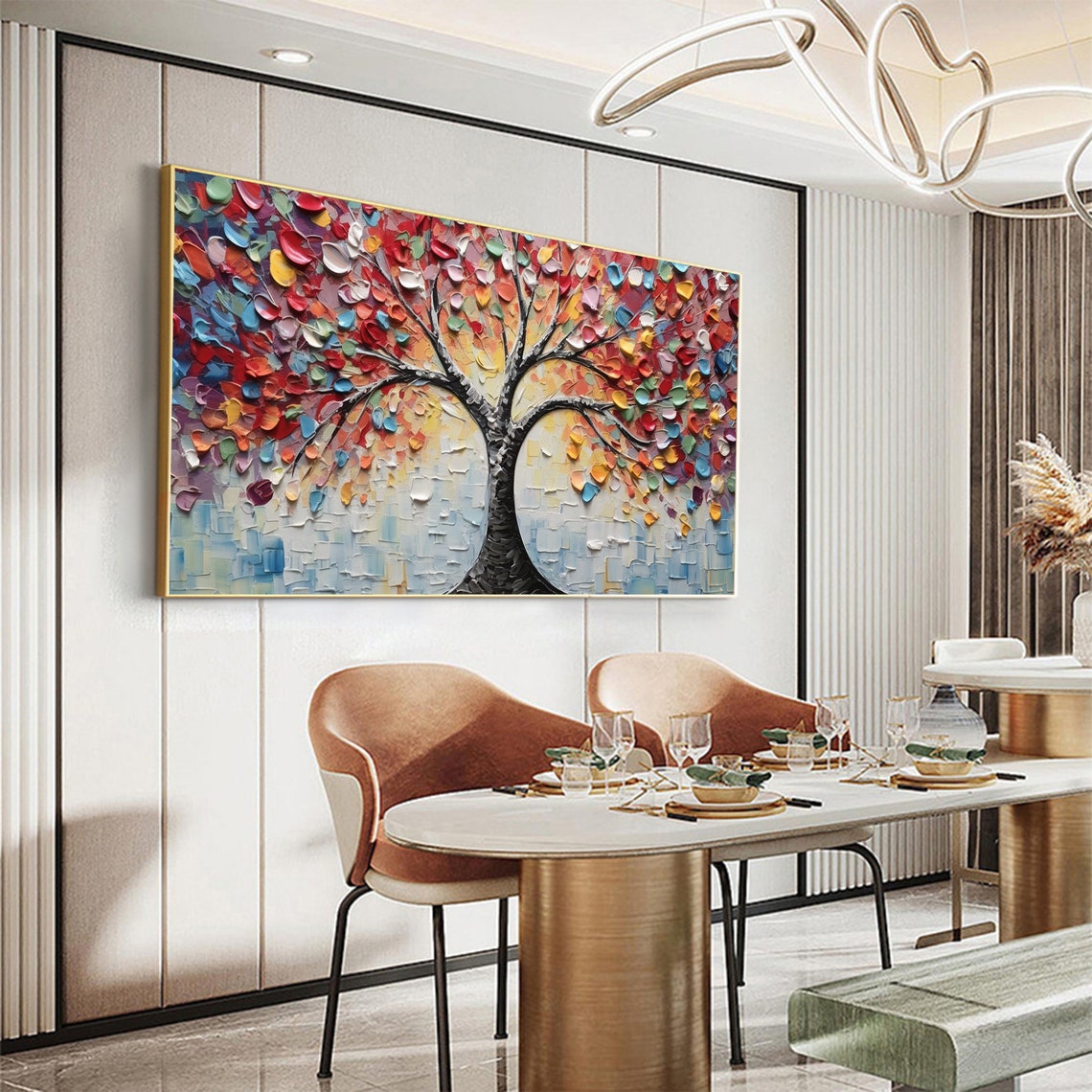 Rainbow Tree of Life Multicolor Leaves Impasto Blue Art Poster - Image 3