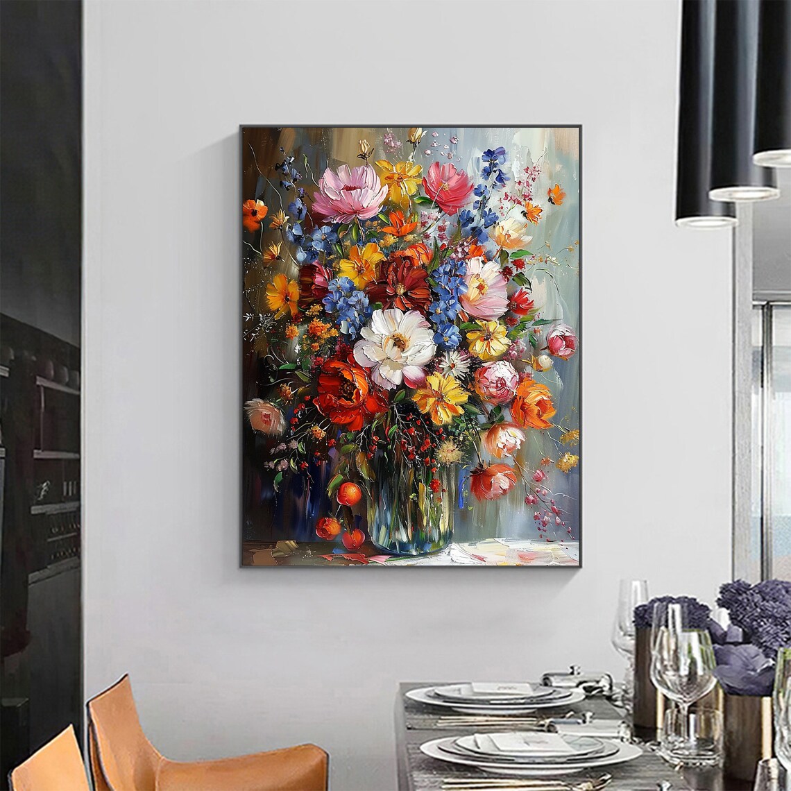 Colorful Flower Bouquet Glass Vase Vertical Oil Painting Poster - Image 6