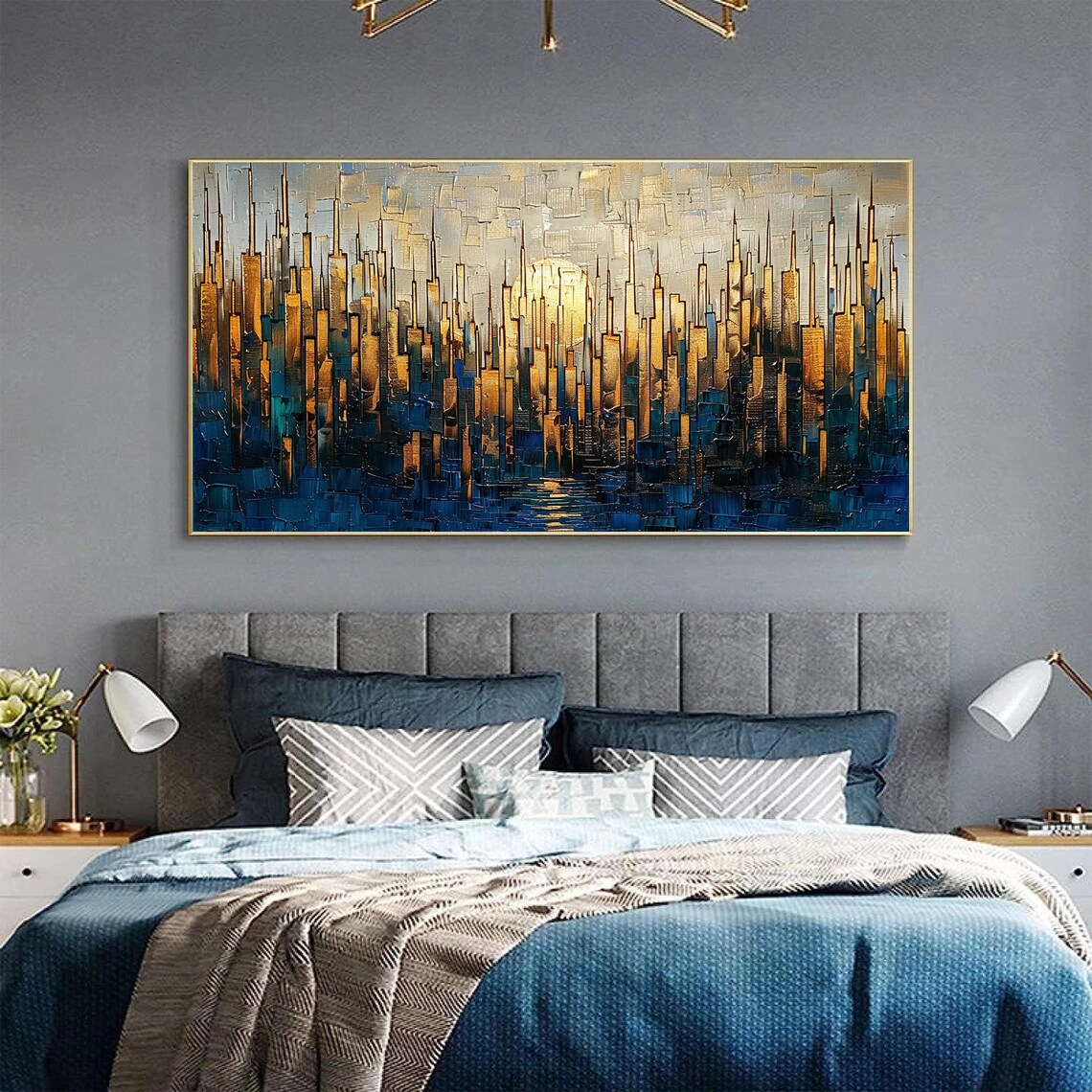 Golden City Towers at Dusk with Blue Water Reflection Poster - Image 2