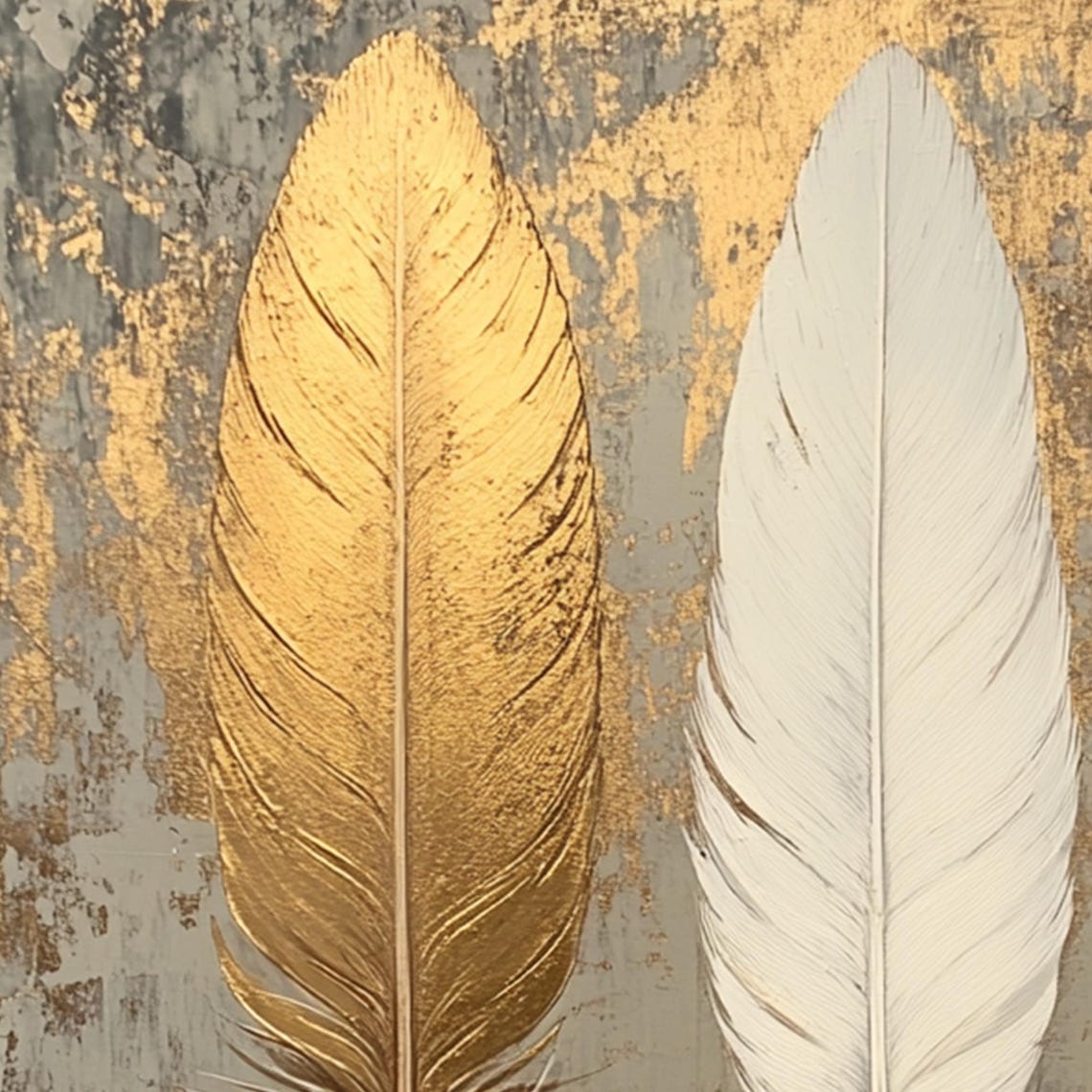 Three Gold White Gray Feathers Gold Leaf Oil Painting Poster - Image 5