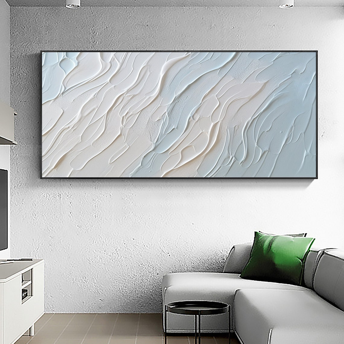 White Blue Diagonal Wave Texture Modern Abstract Painting Poster - Image 3