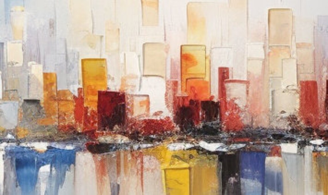 Colorful Abstract City Skyline Reflection in Water Art Poster - Image 4