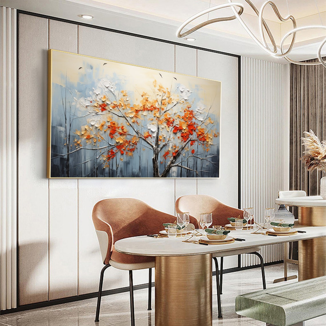 Lone Autumn Tree with Orange Blossoms and Birds in Mist Poster - Image 6
