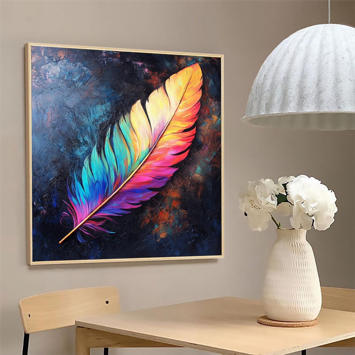 Vivid Rainbow Feather on Dark Navy Background Abstract Poster - Image 3