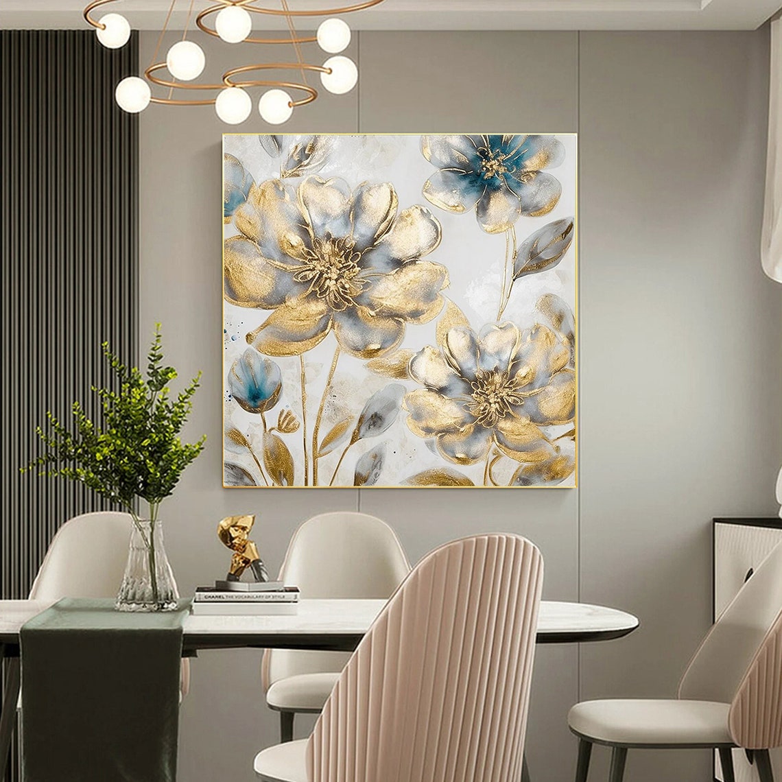 Gold and Blue Gray Floral Blooms with Gold Leaf Accent Poster - Image 2