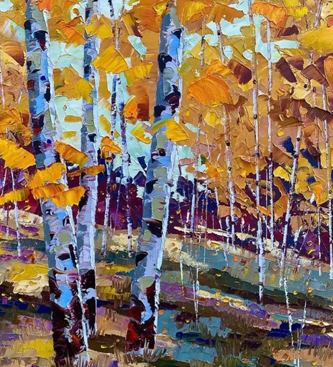 Golden Autumn Birch Trees in Vertical Impasto Oil Style Poster - Image 4