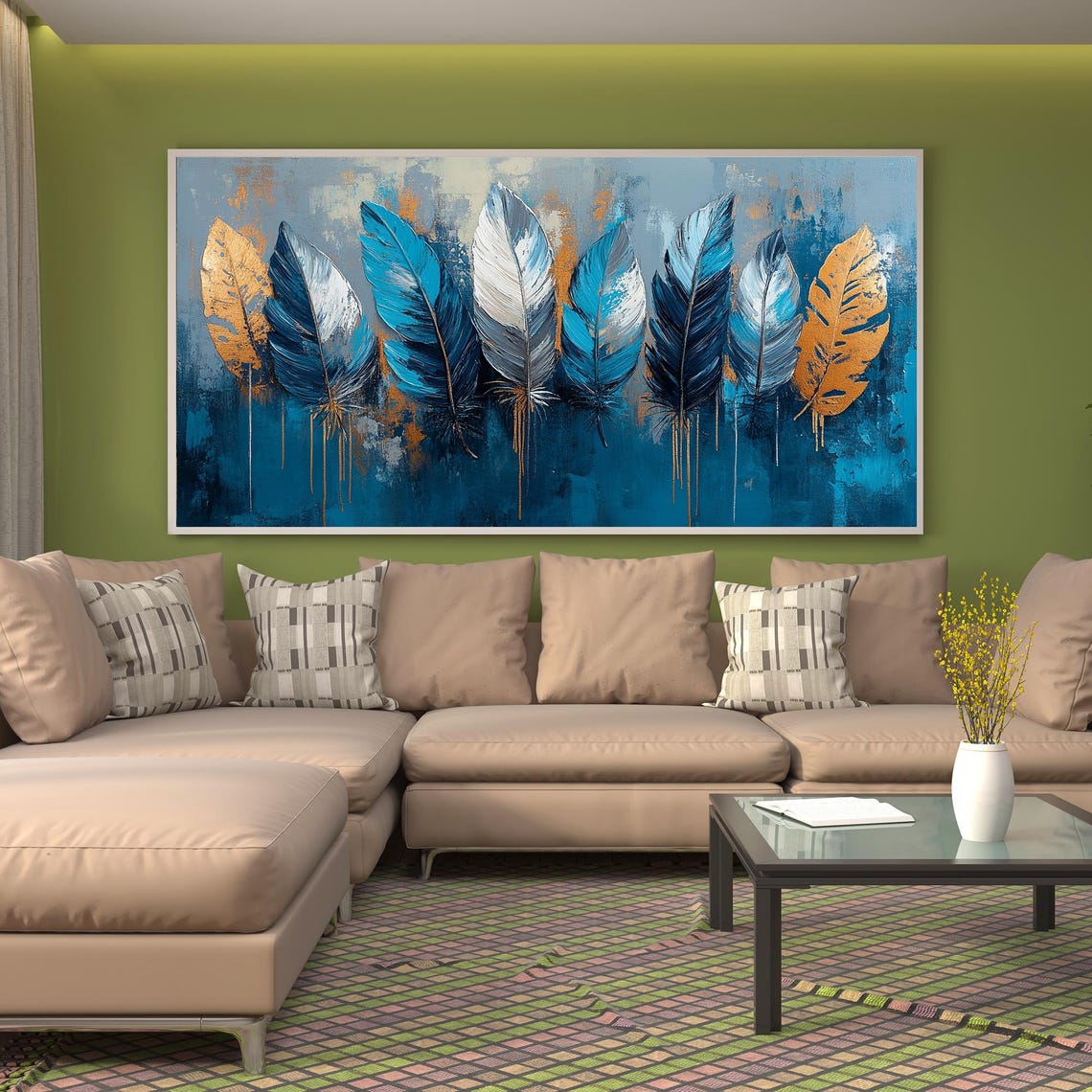 Blue and Gold Feathers Row with Metallic Drip Accents Poster - Image 2