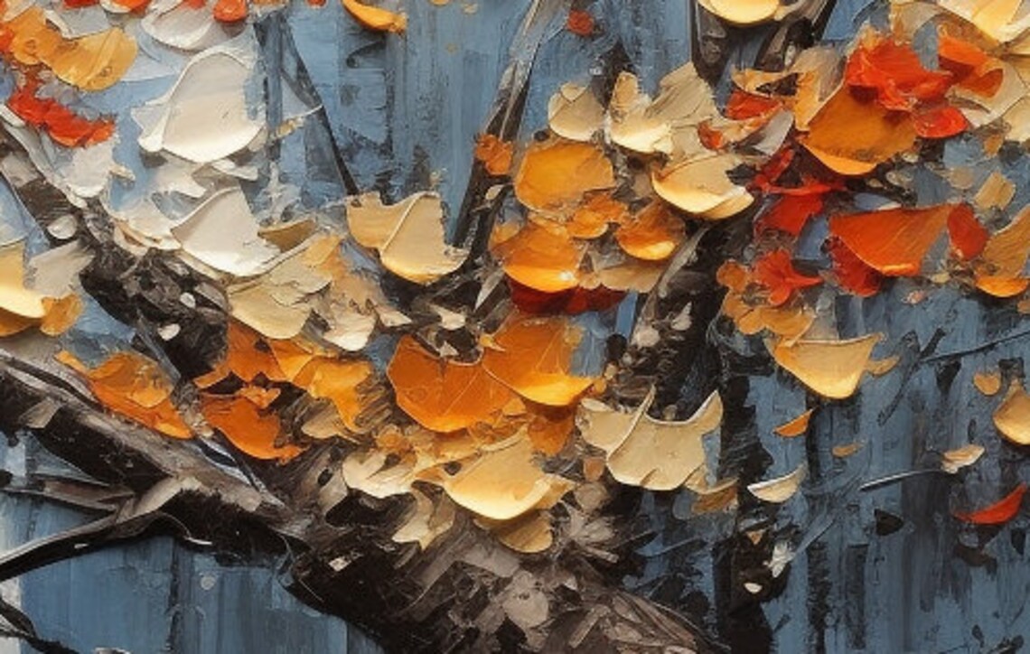 Orange Blossom Branch Blue Palette Knife Floral Painting Poster - Image 5
