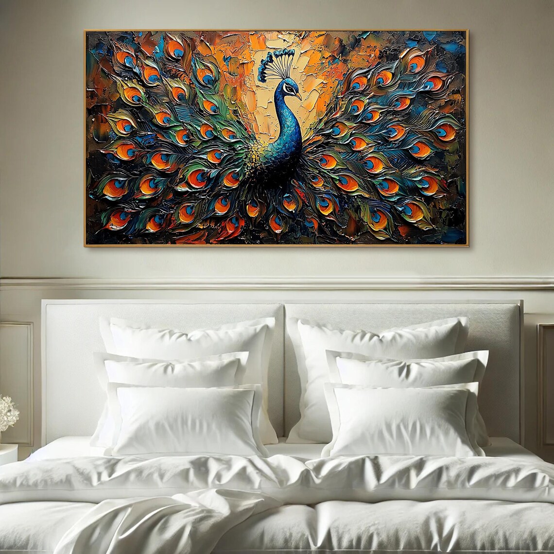 Majestic Peacock with Fanned Iridescent Tail in Impasto Poster - Image 4