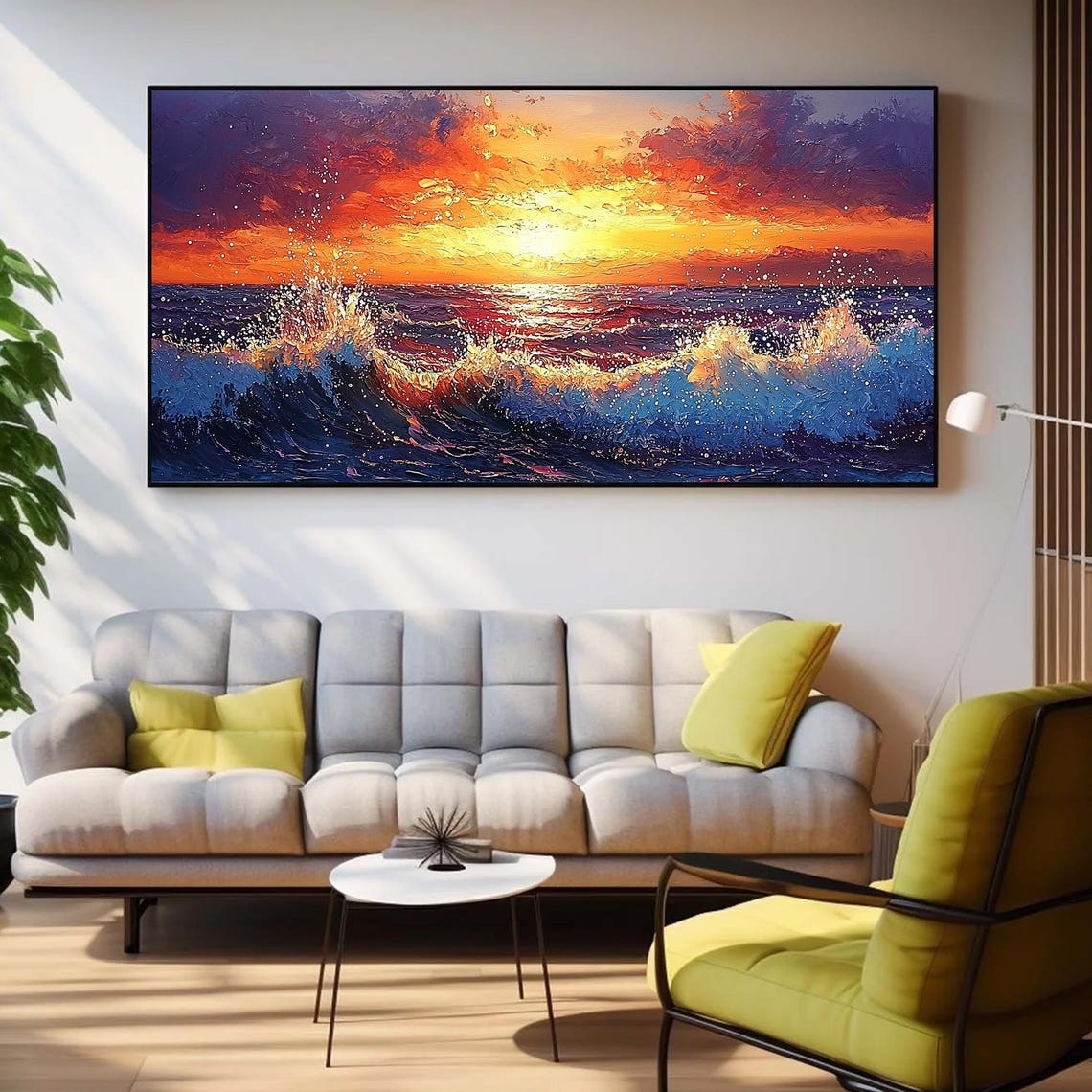 Fiery Orange Sunset over Deep Blue Ocean Waves Oil Art Poster - Image 4