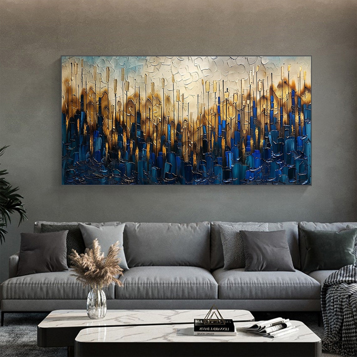 Navy Blue And Gold Vertical Brushstroke Textured Abstract Poster - Image 4