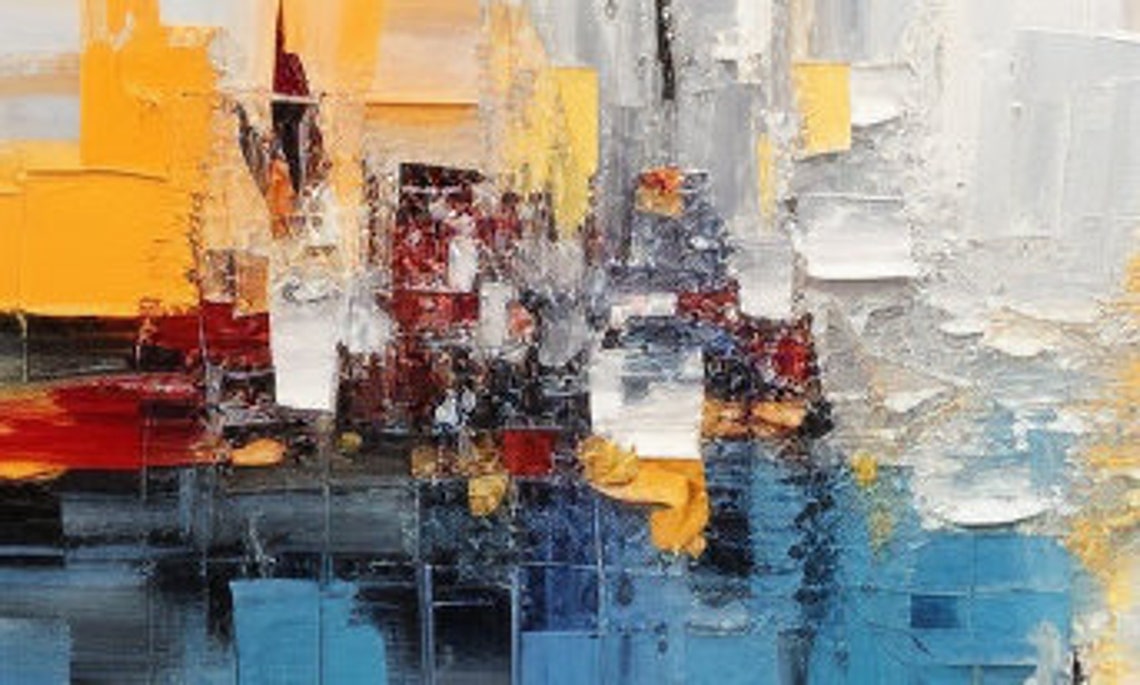Abstract Blue White and Gold Cityscape Texture Art Oil Poster - Image 3
