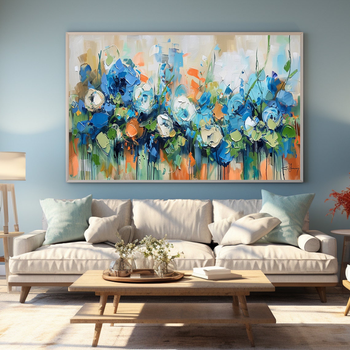 Blue Bloom Palette Knife Floral Abstract Modern Painting Poster - Image 2