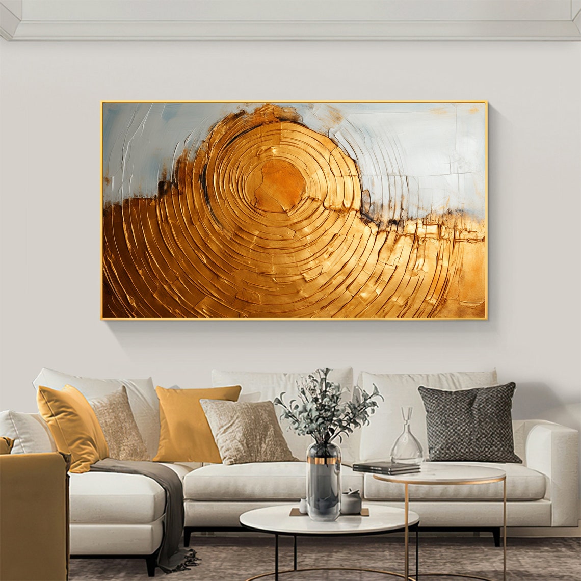 Gold Concentric Circles Spiral White Textured Abstract Painting Poster - Image 3