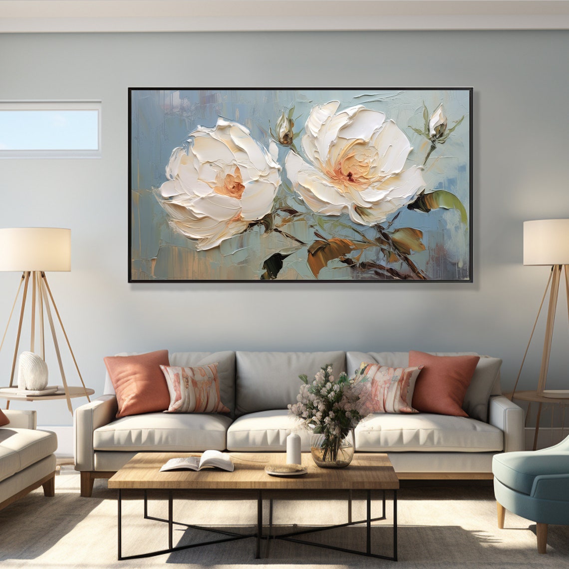 White Roses Blue Gray Background Impasto Floral Painting Poster - Image 4