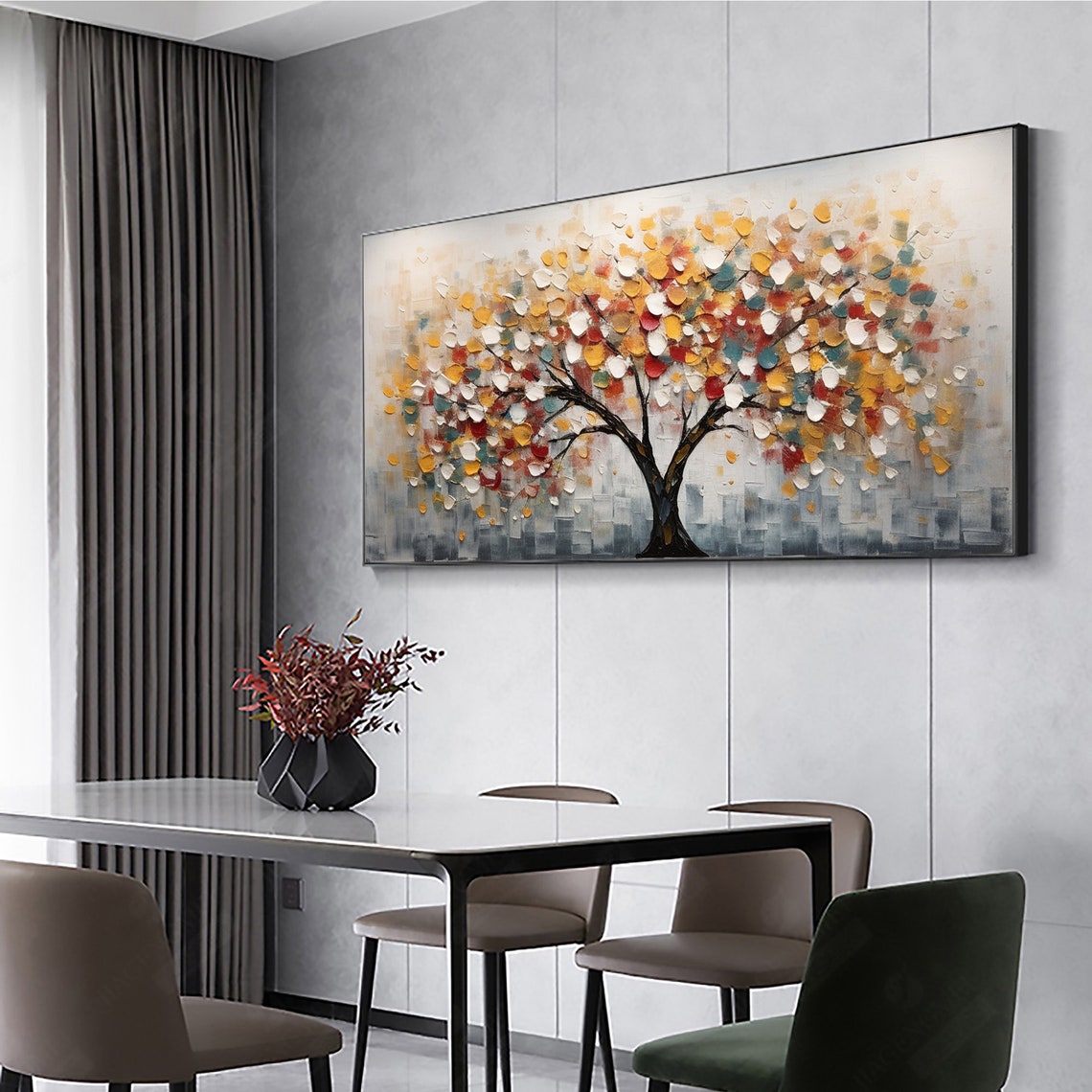 Multicolor Abstract Tree Gold Red Leaves Modern Painting Poster - Image 7