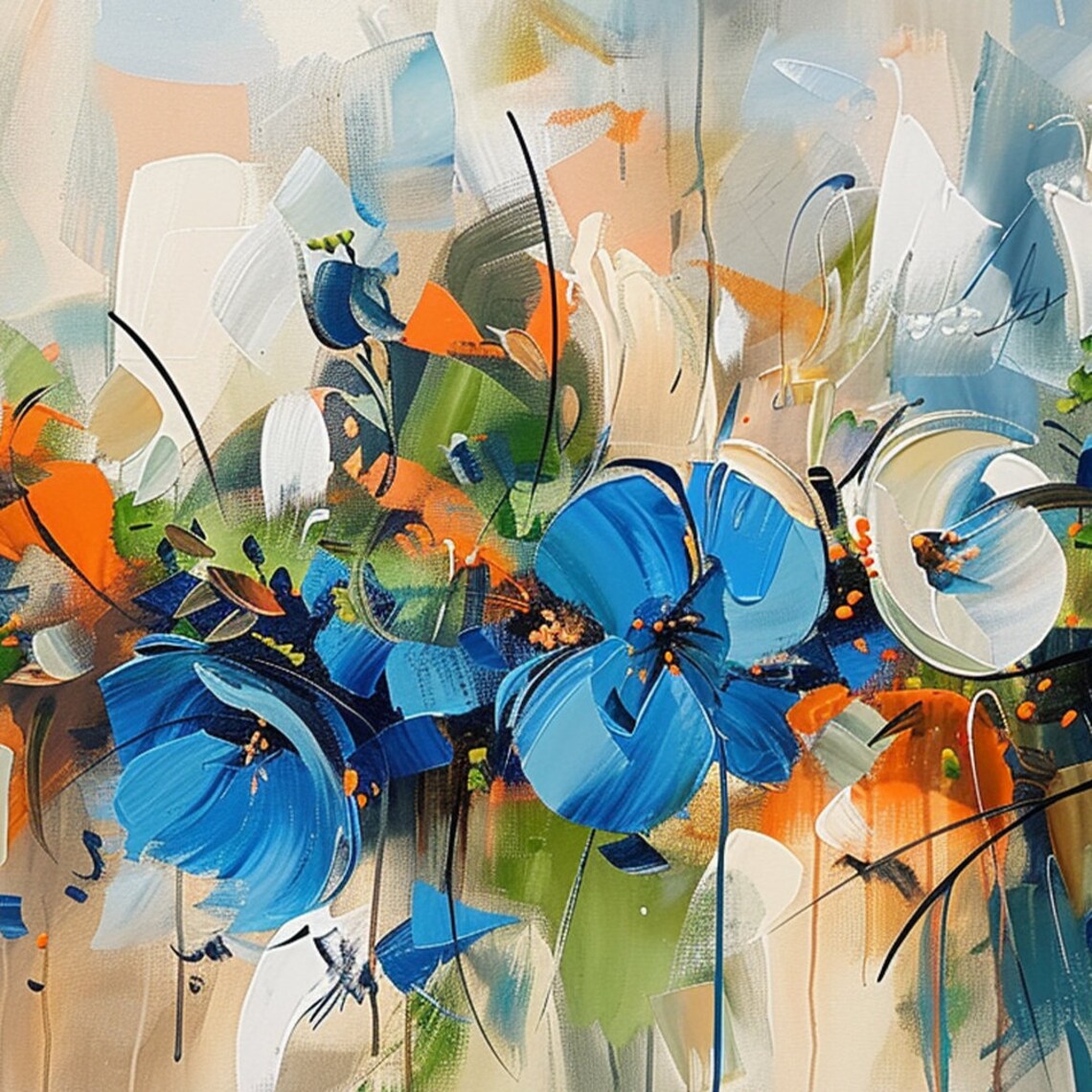 Loose Blue Orange and White Abstract Floral Bouquet Painting Poster - Image 5