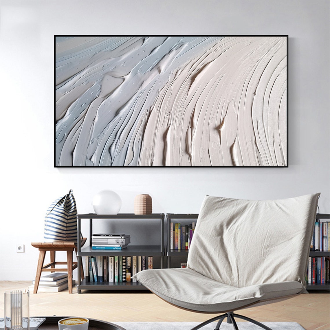Blue To White Swirl Wave Texture Horizontal Abstract Painting Poster - Image 7