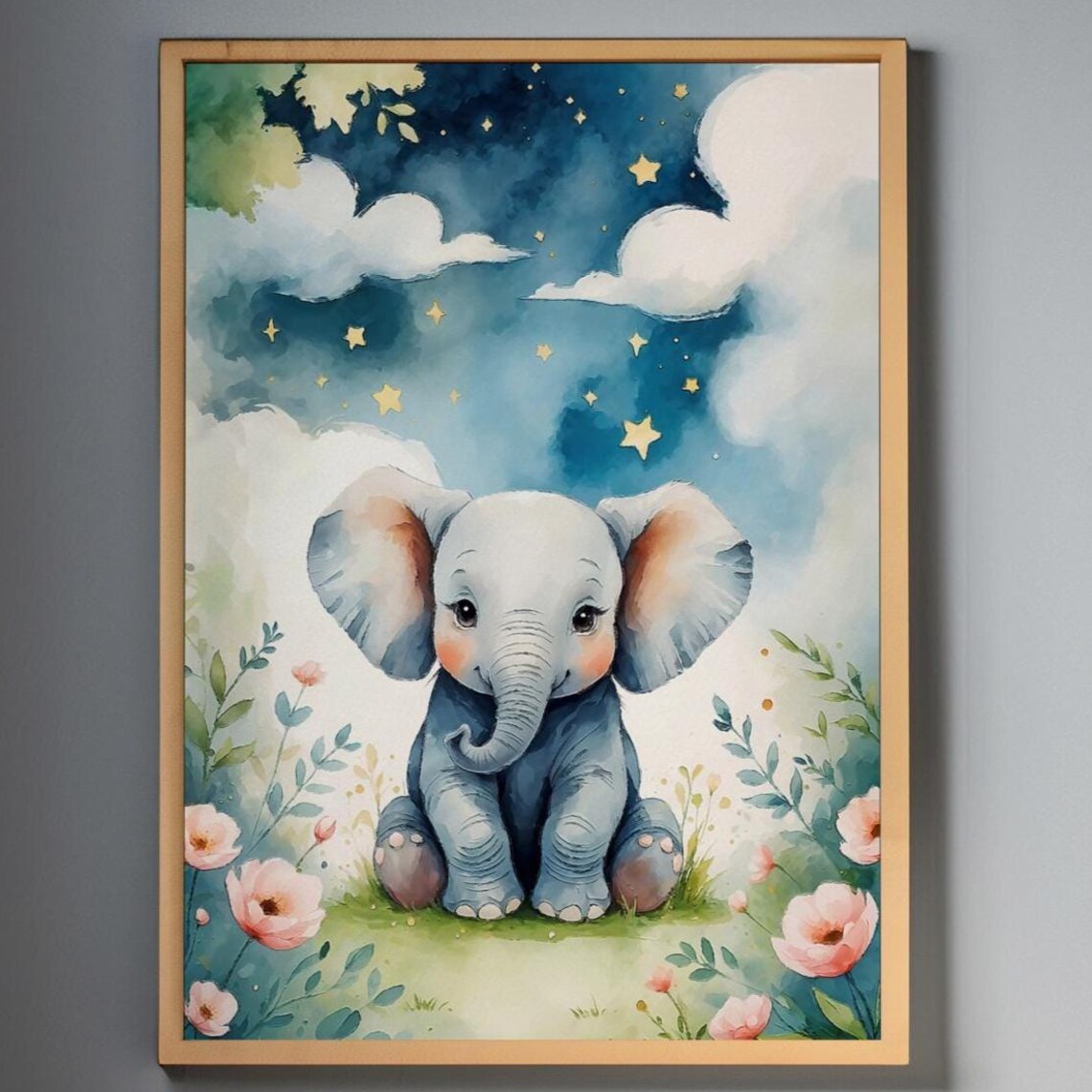 Cute Baby Elephant Watercolor Starry Night Nursery Art Poster