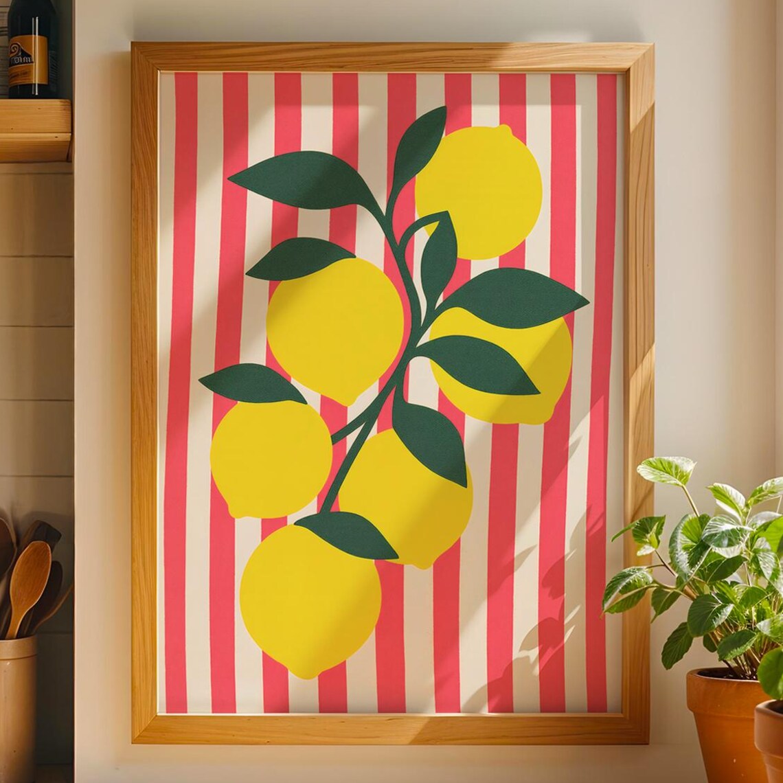 Fresh Lemon Branch Bold Pink Striped Modern Kitchen Art Poster