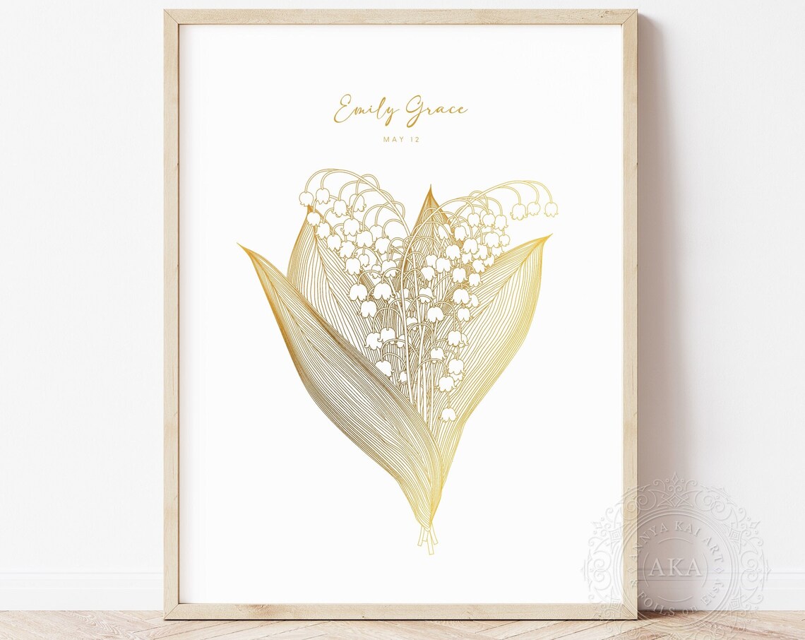 Lily Of The Valley May Birth Flower Gold Botanical Line Art Print