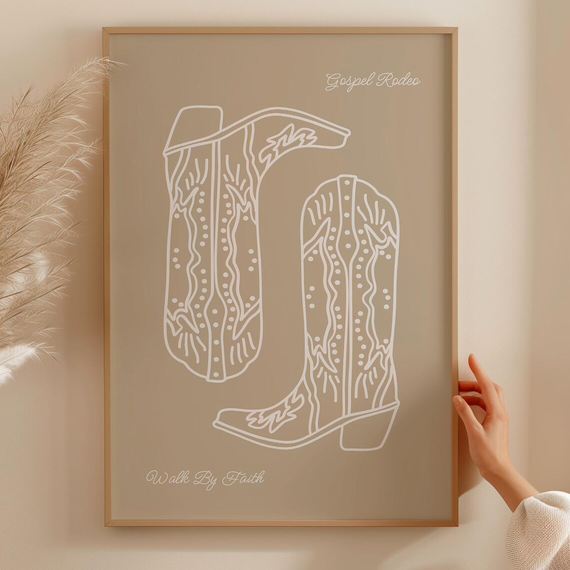 Walk By Faith Cowboy Boots Beige Line Art Gospel Rodeo Poster