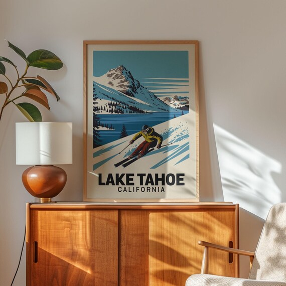 Lake Tahoe California Retro Skier Alpine Lake Vintage Ski Poster