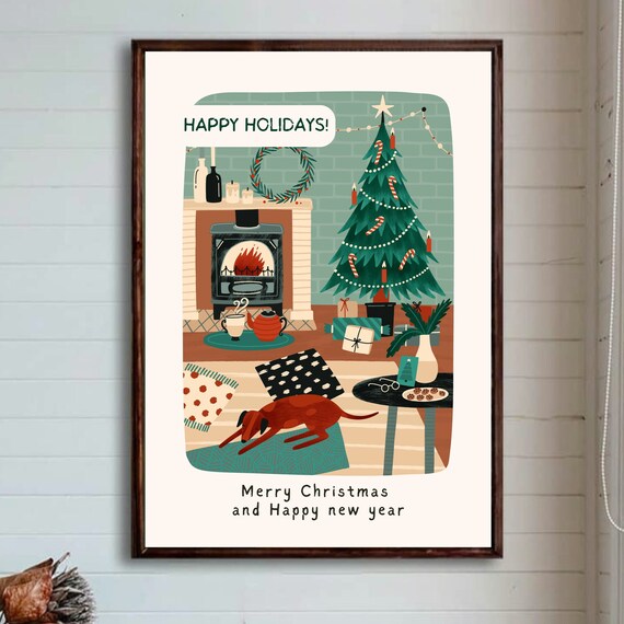 Happy Holidays Cozy Living Room Christmas Dog Retro Illustration Wall Art