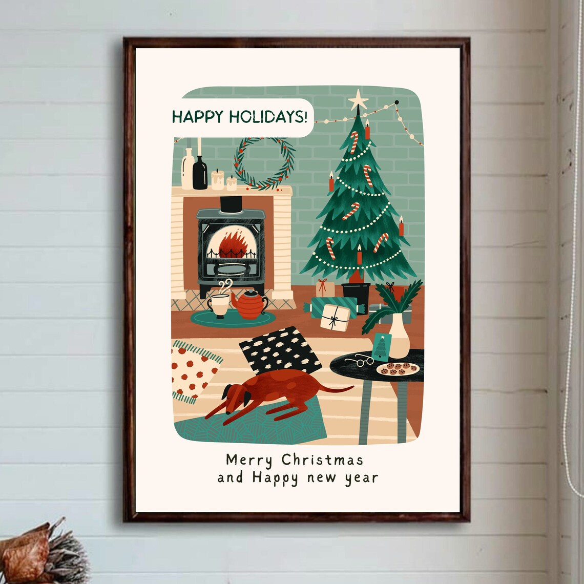 Happy Holidays Cozy Living Room Christmas Dog Retro Illustration Wall Art