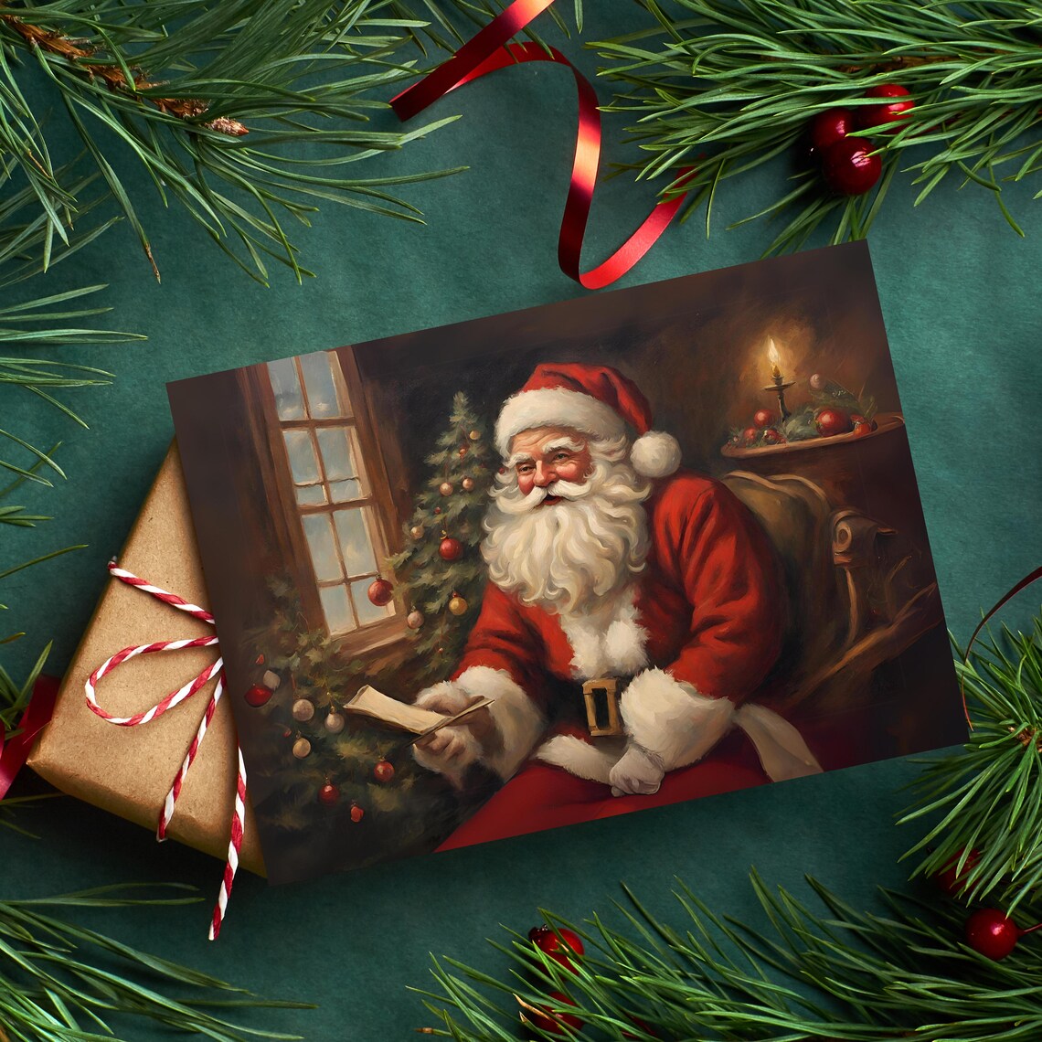 Santa Reading Book, Vintage Christmas Oil Painting - Image 2
