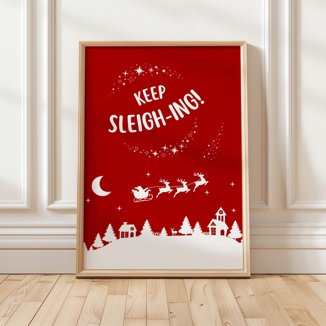 Keep Sleighing Santa Sleigh Red Silhouette Night Christmas Poster - Image 3