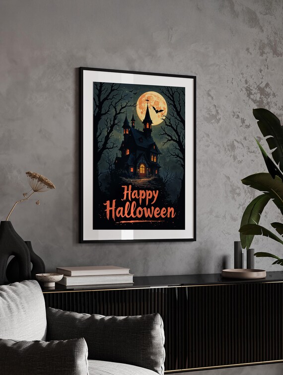 Happy Halloween Haunted Castle Under Orange Moon Spooky Poster