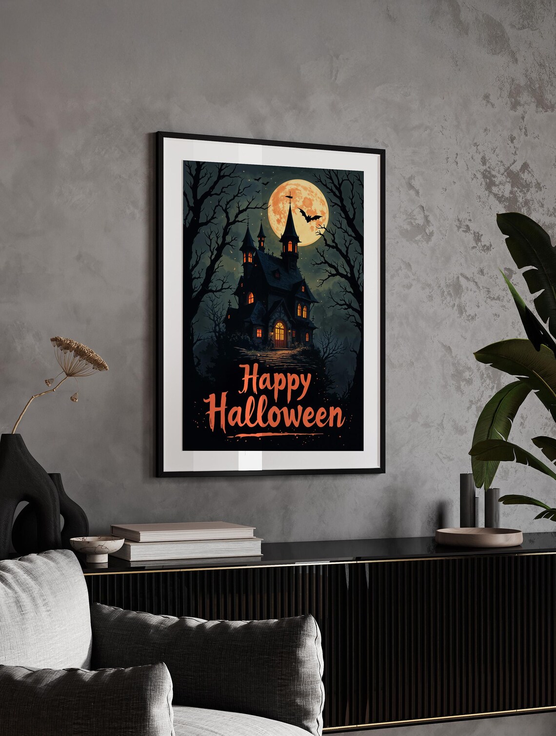 Happy Halloween Haunted Castle Under Orange Moon Spooky Poster