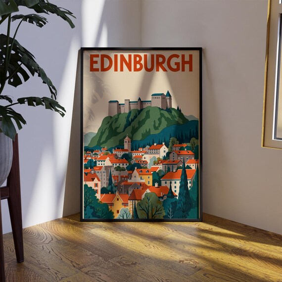 Edinburgh Castle On Hill Old Town Retro Style Travel Wall Poster