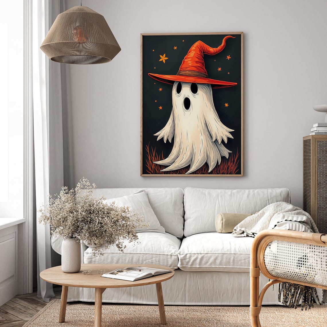 Cute Ghost In Red Witch Hat On Starry Black Night Fun Poster