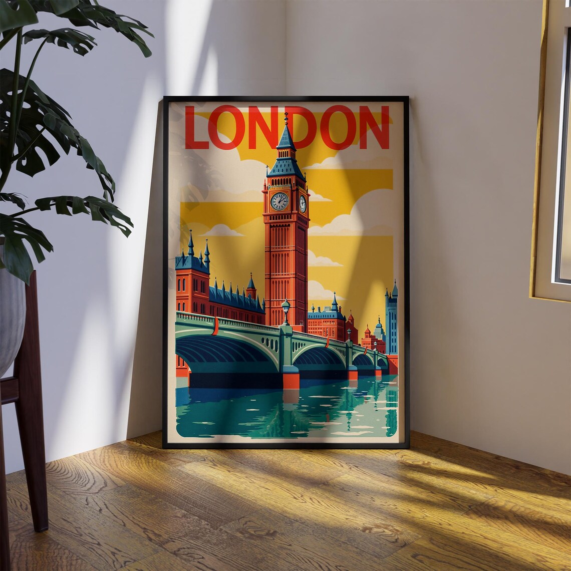 London Big Ben And Westminster Bridge Yellow Sky Travel Poster