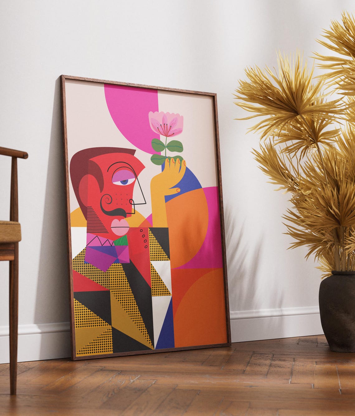 Mid Century Geometric Man With Pink Flower Abstract Retro Poster