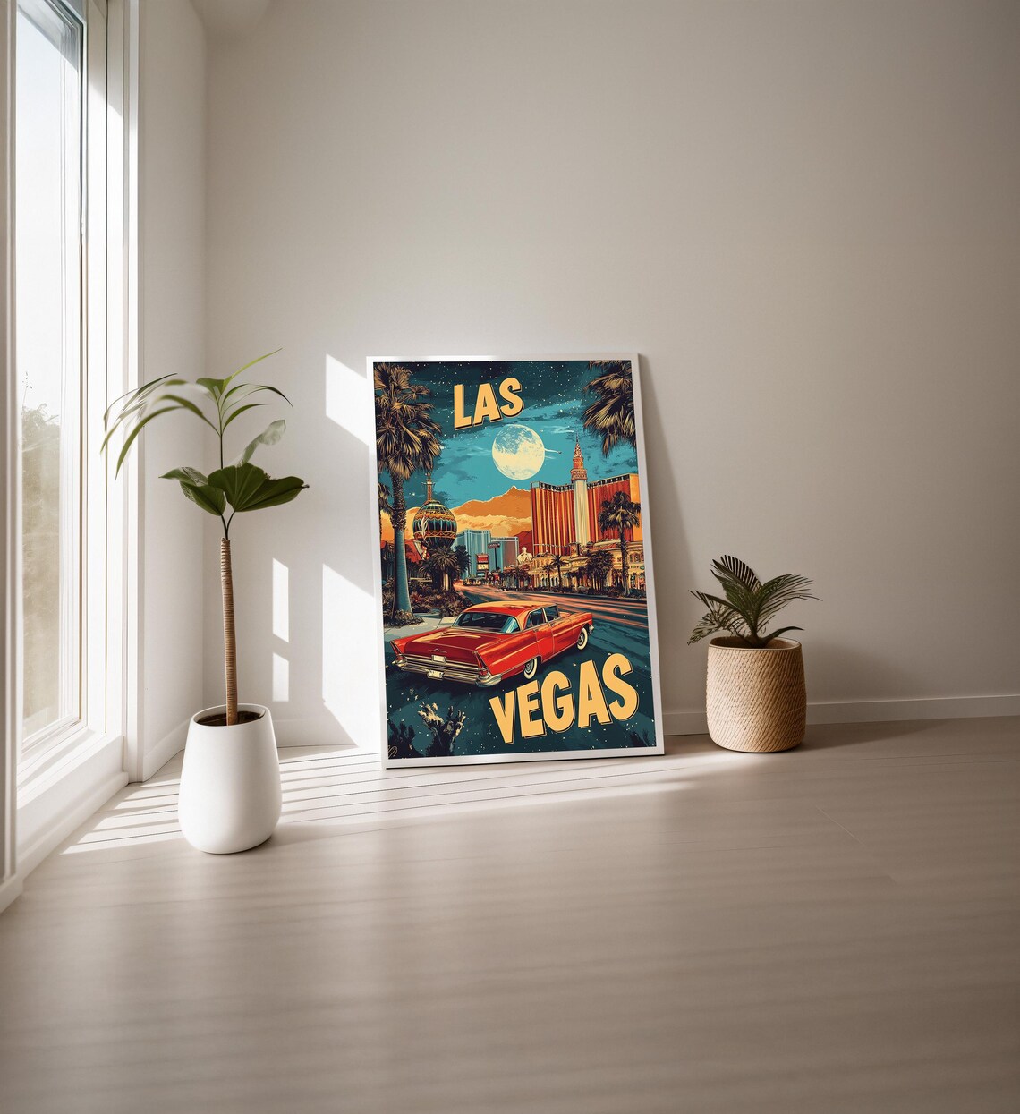 Las Vegas Moonlight Red Classic Car Strip Palm Trees Travel Poster
