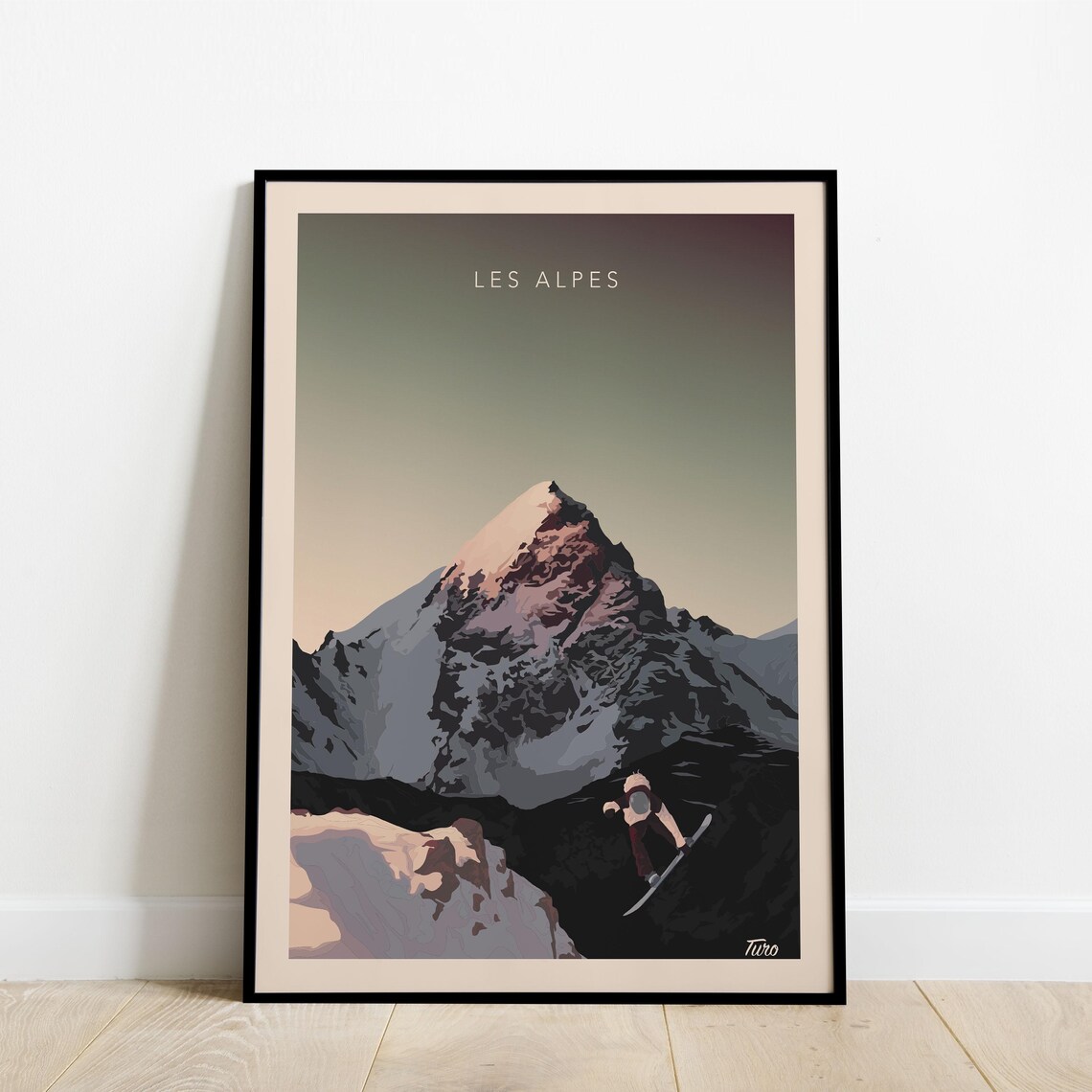 Les Alpes Snowboarder Sunset Ridge Rocky Peak Retro Travel Poster
