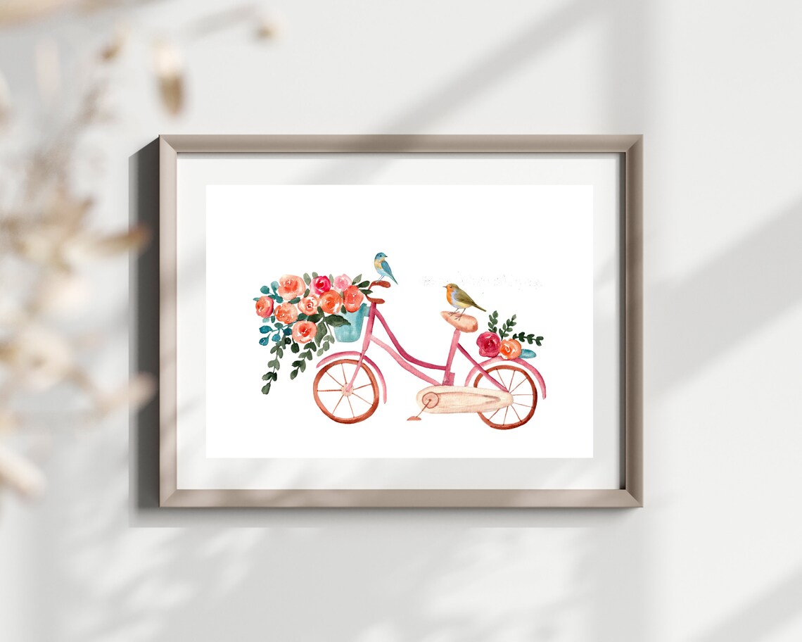 Watercolor Bike With Flowers and Bird Art Print - Image 3