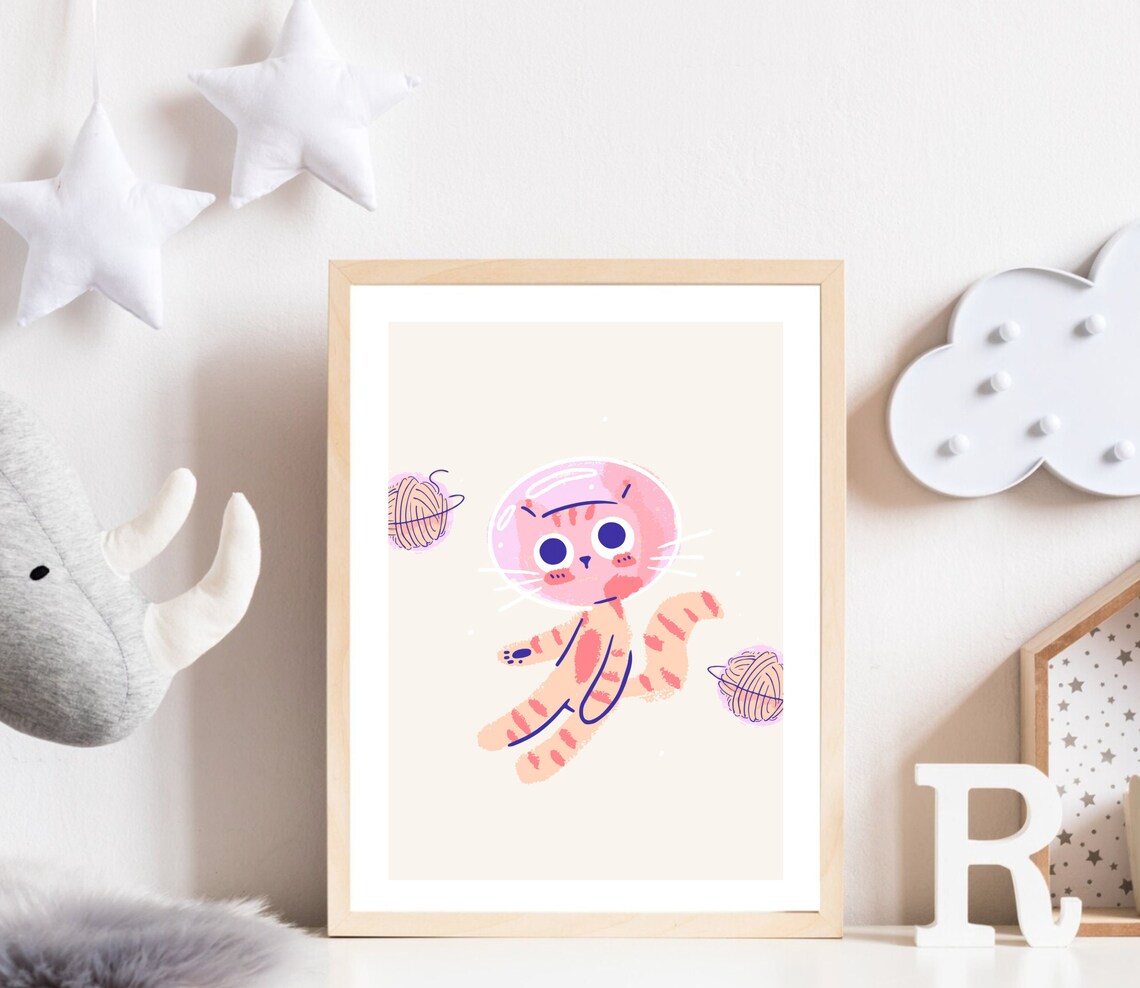 Boho Space Cat Nursery Art Print, Astronaut Cat - Image 2